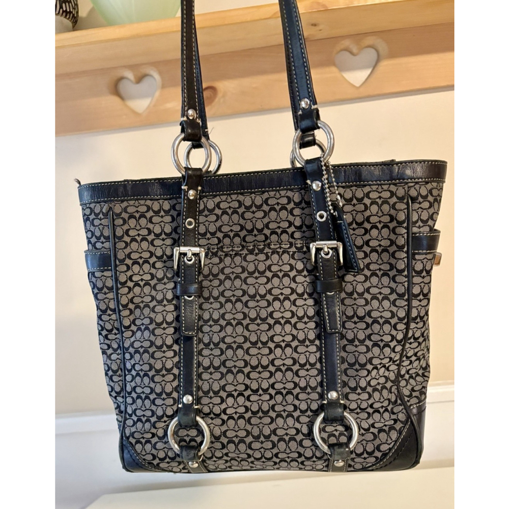 Y2K Coach Mini C Monogram Tote Black Gray Canvas Buckle Bag Preppy Vintage